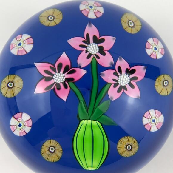 Perthshire 1984A Flower Pot Lampwork Flowers in Vase Millefiori Cane Paperweight - Picture 5 of 11